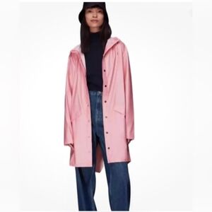 NWT RAINS Long Jacket L Waterproof Full Snap Button Hood Pockets Pink Sky Pocket